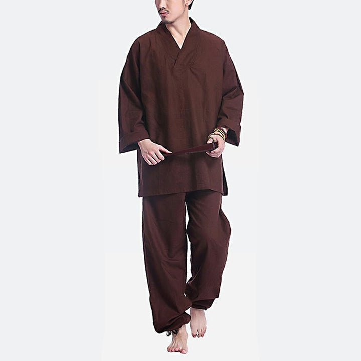 Set da uomo di abbigliamento yoga Buddha Stones a V, in cotone e lino, per meditazione e preghiera, spirituale e zen