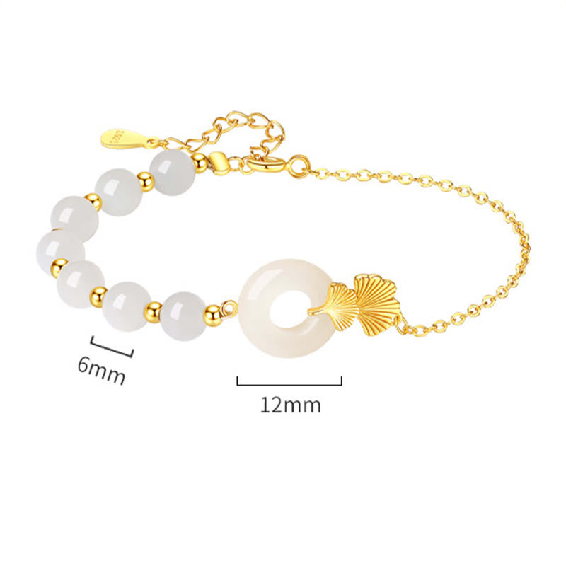 Braccialetto della fortuna con foglia di ginkgo e fibbia della pace in argento sterling 925 con Buddha Stones e giada bianca Hetian