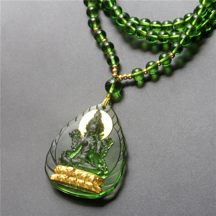 Buddha Stones Ciondolo della collana di protezione del cristallo Liuli placcato oro del Buddha di Tara verde tibetano - Tara verde foglia - Versione dorata - image 4