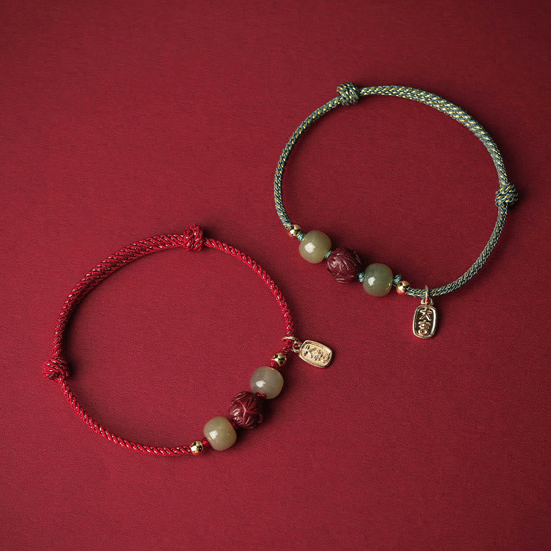 Braccialetto di corda artigianale Buddha Stones in giada Hetian placcato oro 14K, cinabro e loto portafortuna