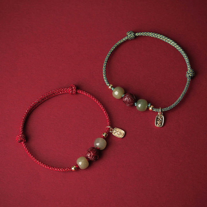 Braccialetto di corda artigianale Buddha Stones in giada Hetian placcato oro 14K, cinabro e loto portafortuna