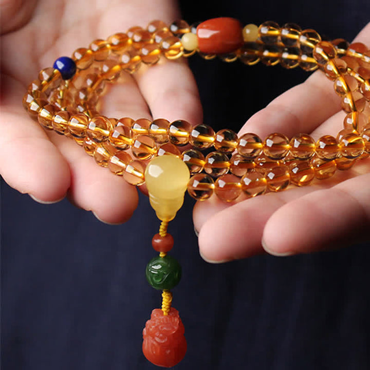 Braccialetto con ciondolo di protezione PiXiu, 108 perle di Mala, ambra citrino naturale, fibbia della pace, agata rossa