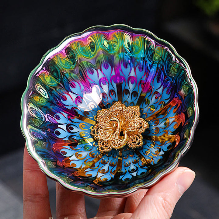 Buddha Stones Pavone vivido Loto intarsiato Design colorato Tazza da tè in ceramica cinese Jianzhan Tazza da tè Kung Fu