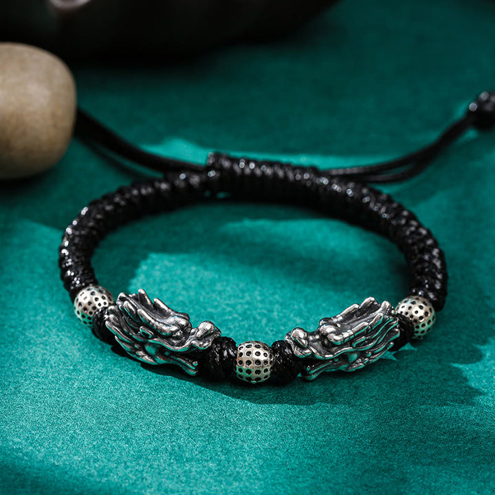 Bracciale intrecciato fatto a mano con doppio drago in argento sterling 999 Buddha Stones