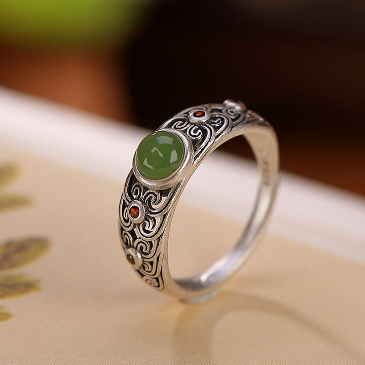 Anello regolabile in argento sterling 925 Buddha Stones e giada ciano Hetian Harmony