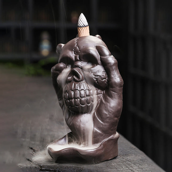 Buddha Stones Halloween Skull con mano fantasma Decorazione bruciatore di incenso spirituale in argilla viola
