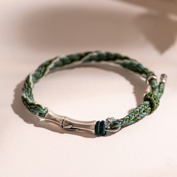 Braccialetto in argento sterling 925 con nodo di reincarnazione in bambù e corda di protezione dalla fortuna