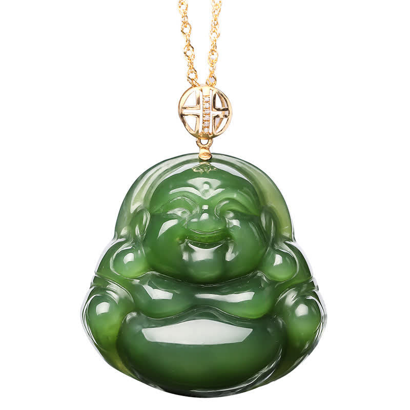Collana con ciondolo a forma di Buddha che ride in argento sterling 925, giada ciano Hetian e oro 18 carati. - image 9