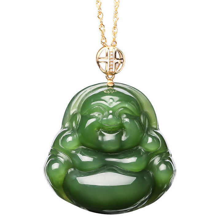 Collana con ciondolo a forma di Buddha che ride in argento sterling 925, giada ciano Hetian e oro 18 carati. - image 9