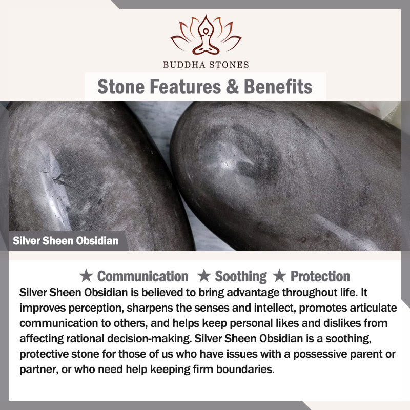 Braccialetto di protezione con perline di cristallo di ossidiana lucida in argento naturale Buddha Stones Om Mani Padme Hum