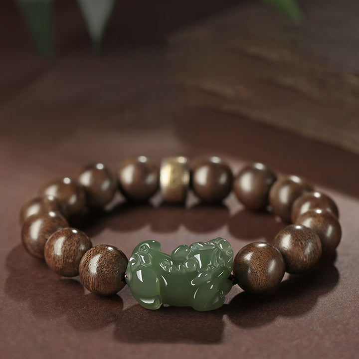 Bracciale Buddha Stones 925 Sterling Silver Brunei Agarwood PiXiu Jade Peace Strength
