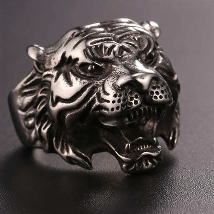 Anello da motociclista punk rock con testa di tigre in titanio e acciaio da uomo