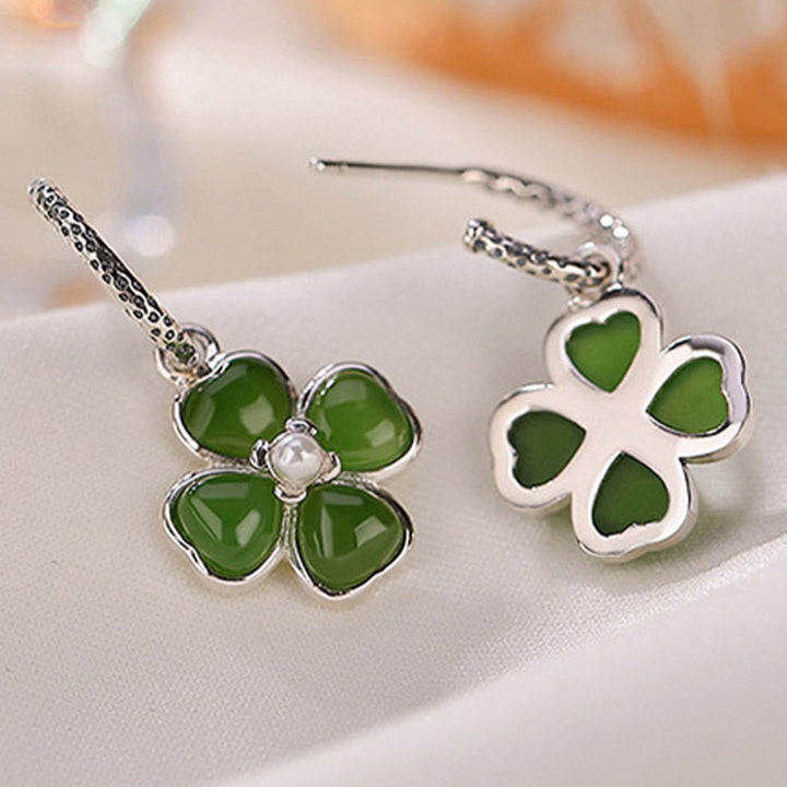 Orecchini Buddha Stones in argento sterling 925 con giada ciano naturale e quadrifoglio, fortuna e successo