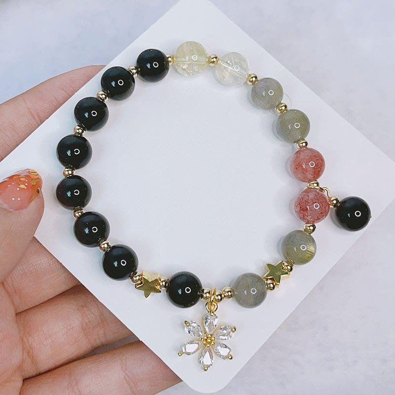 Braccialetto di protezione con cuore, stella e fiore in ossidiana naturale con Buddha Stones argento lucido