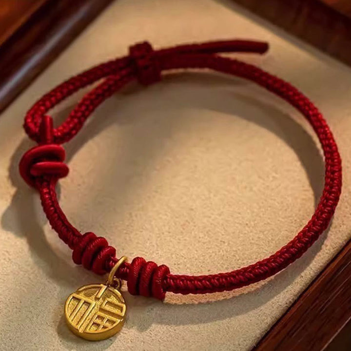 Braccialetto di corda rossa con ciondolo a forma di carattere Fu con nodo della pace a otto fili fatto a mano Buddha Stones