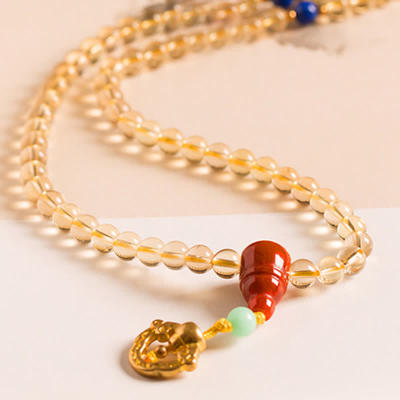 Braccialetto con ciondolo in argento sterling 925, 108 perline Mala, citrino naturale, agata rossa, ambra e piacere