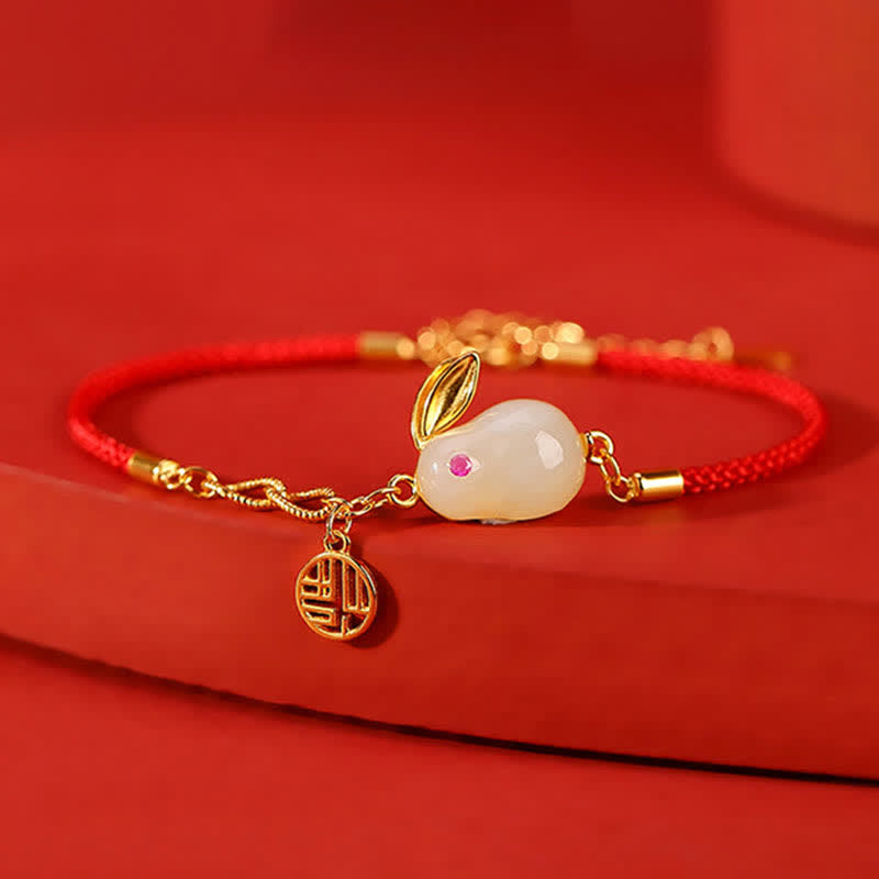 Braccialetto in argento sterling 925 con cordino rosso e giada bianca Hetian dell'anno del coniglio