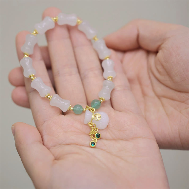 Buddha Stones Braccialetto di giada di seta dorata bianca naturale con motivo di bambù, borsa portafortuna Fu