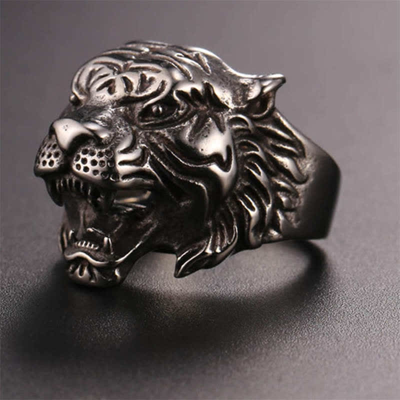 Anello da motociclista punk rock con testa di tigre in titanio e acciaio da uomo