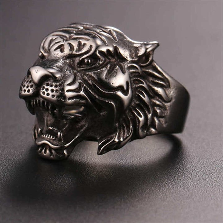 Anello da motociclista punk rock con testa di tigre in titanio e acciaio da uomo