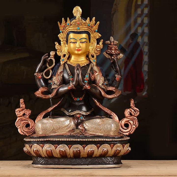 Statua di rame di protezione di Avalokitesvara a quattro braccia del Bodhisattva Chenrezig Decorazione