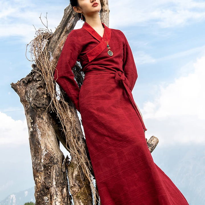 Buddha Stones Tibetan Dress Clothing Lhasa Abito lungo avvolgente Maxi abito Abbigliamento donna - Rosso (schema di nuvole di buon auspicio) - US8-10, UK/AU12-14, EU40-42 (XL) - image 0