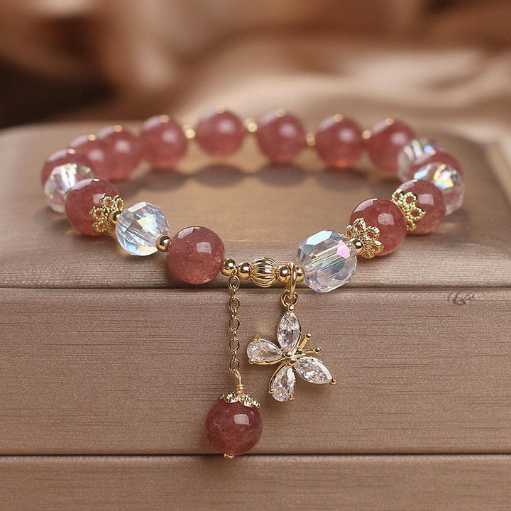Braccialetto con ciondolo a farfalla con guarigione dell'amore in quarzo fragola naturale Buddha Stones