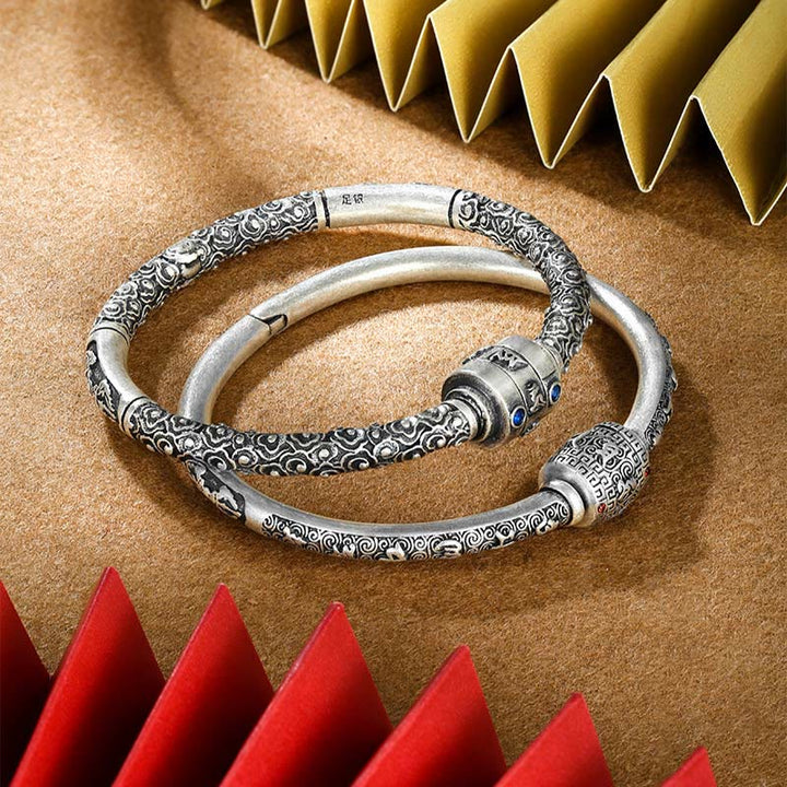 Buddha Stones 990 Sterling Silver Tibetano Auspicious Clouds Om Mani Padme Hum Braccialetto Creatività Inciso