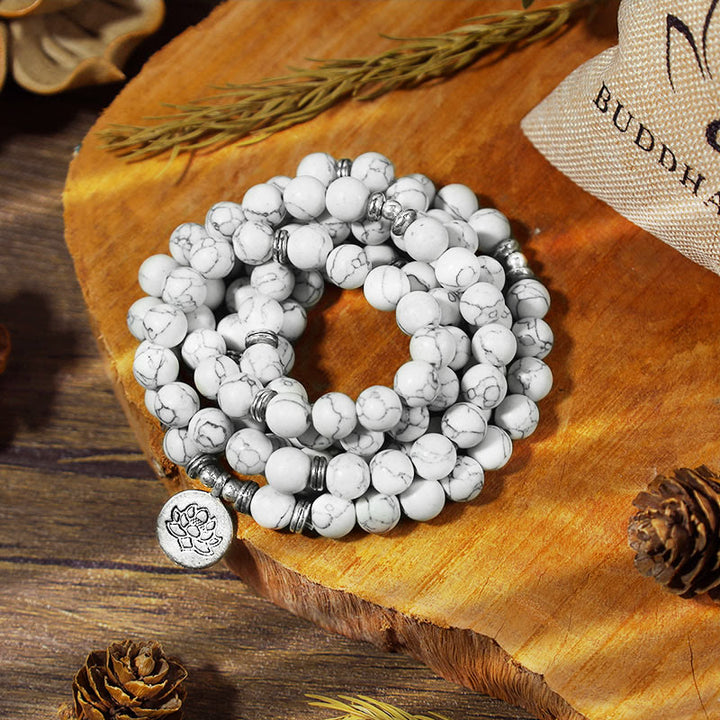 Braccialetto di guarigione Mala di loto turchese bianco Buddha Stones