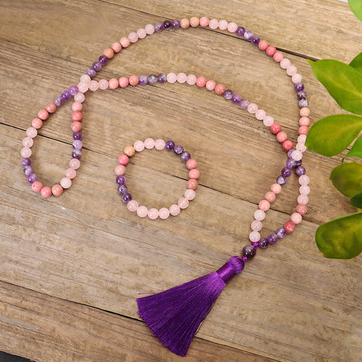 Buddha Stones 108 Mala Beads Ametista Quarzo Rosa Braccialetto con Nappa di Guarigione Spirituale