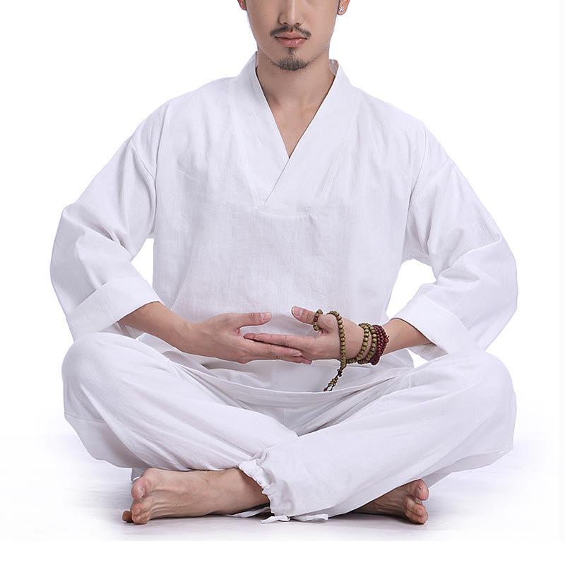 Set da uomo di abbigliamento yoga Buddha Stones a V, in cotone e lino, per meditazione e preghiera, spirituale e zen