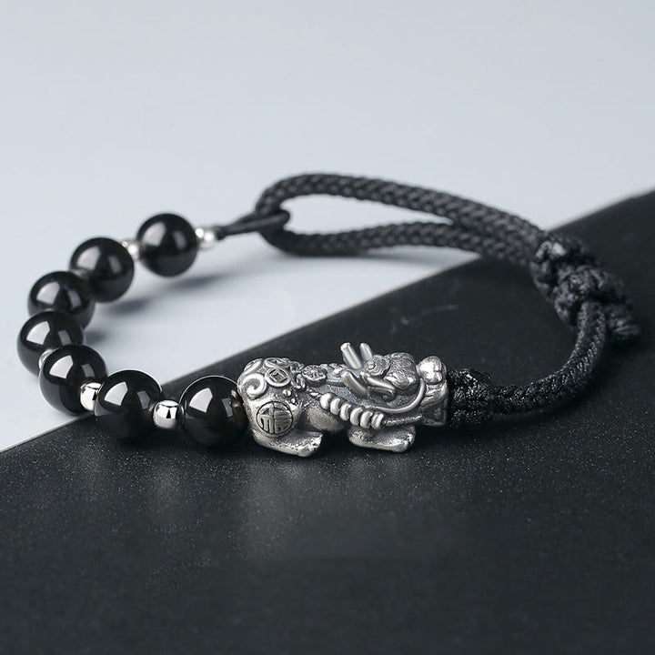 Buddha Stones 999 Sterling Silver FengShui PiXiu Ossidiana nera naturale 925 Sterling Silver Bead Strength Bracciale