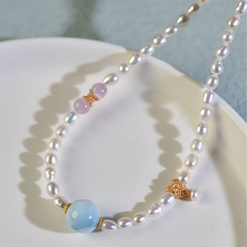 Collana con ciondolo in argento sterling 925 con perle naturali e larimar, motivo: Buddha Stones