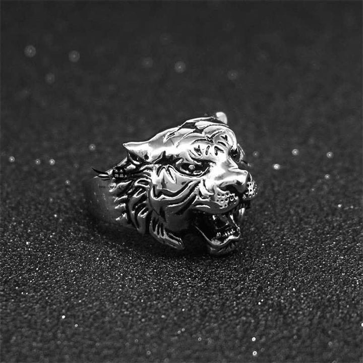Anello da motociclista punk rock con testa di tigre in titanio e acciaio da uomo