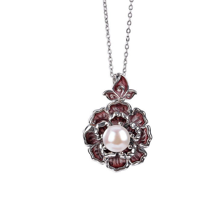 Collana con ciondolo in argento sterling 999 con perle e peonia, Buddha Stones