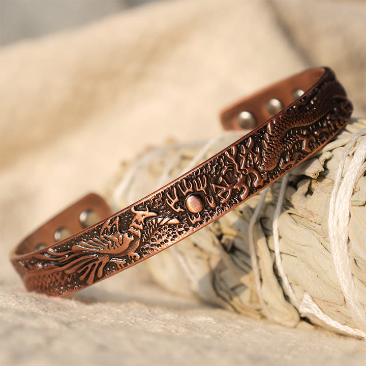 Bracciale rigido magnetico in rame massiccio con drago e fenice Buddha Stones