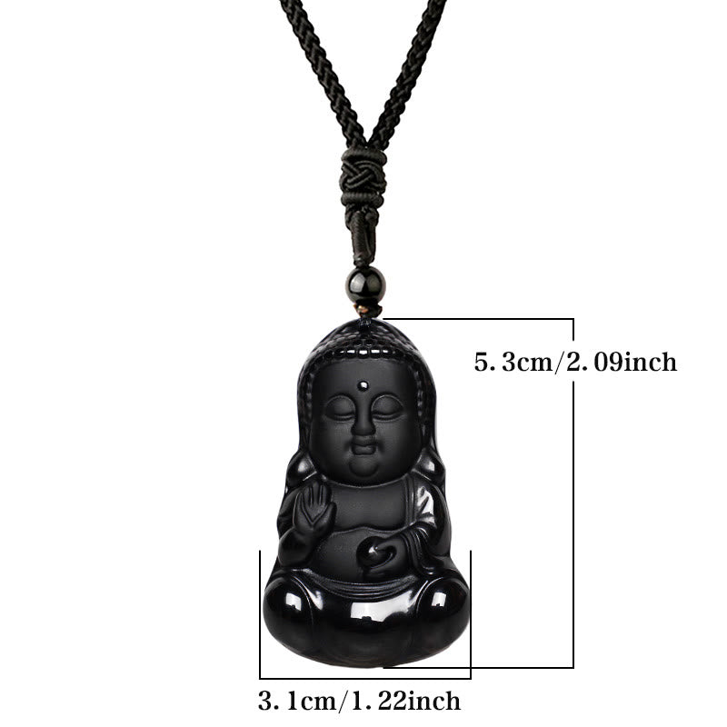 Buddha Stones Ossidiana nera naturale Cristallo Buddha Forza Protezione Amuleto Portafortuna Collana Pendente - image 6