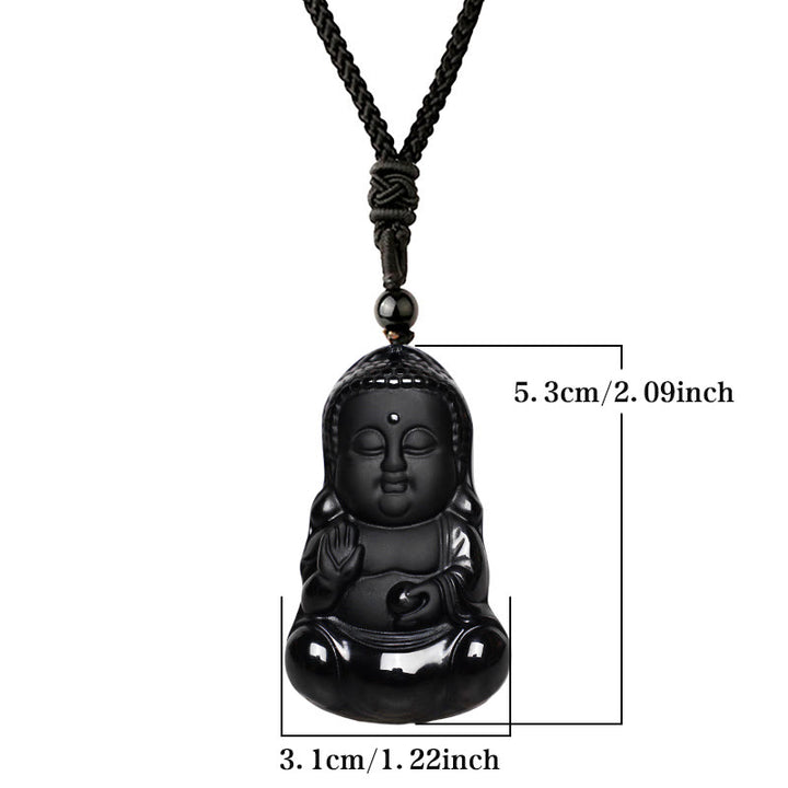 Buddha Stones Ossidiana nera naturale Cristallo Buddha Forza Protezione Amuleto Portafortuna Collana Pendente - image 6