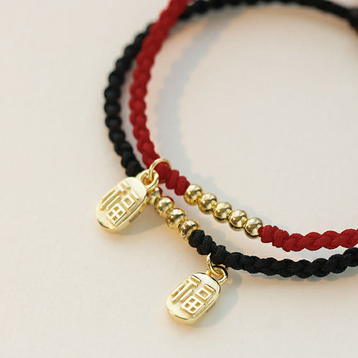 Braccialetto di corda con ciondolo a forma di carattere Fu fatto a mano con Buddha Stones