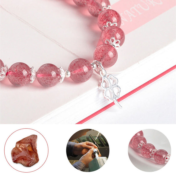 Bracciale Buddha Stones in argento sterling 925 con quarzo fragola e quadrifoglio, amore