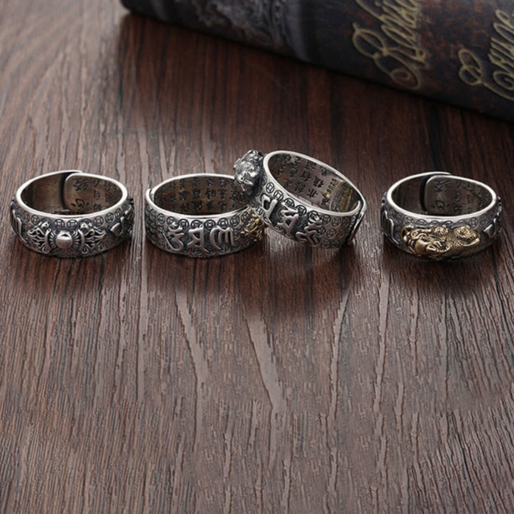 Anello di ricchezza inciso Buddha Stones in argento sterling 990 tibetano Om Mani Padme Hum PiXiu Dorje Vajra Heart Sutra - image 18