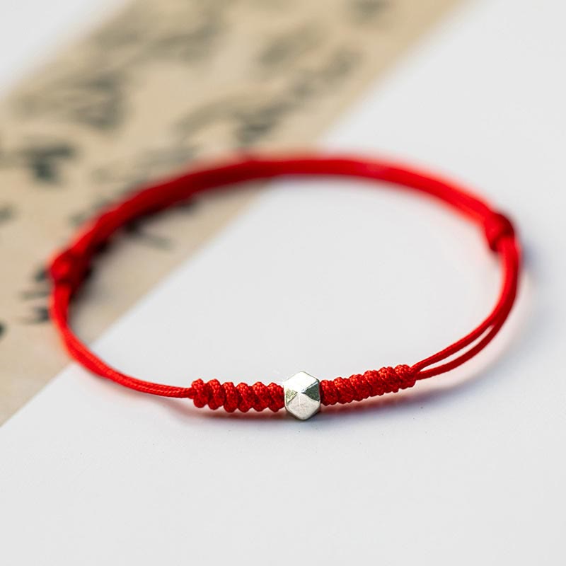 Braccialetto intrecciato sottile in argento sterling 925 Buddha Stones perline portafortuna, filo rosso. - Perla quadrata - Rosso (circonferenza del polso 14-18 cm) - image 11