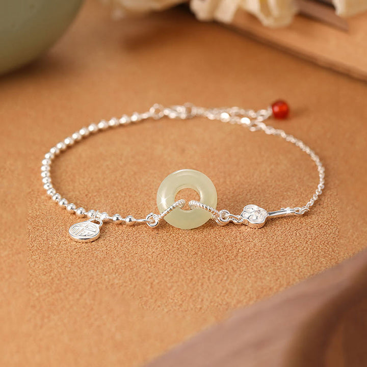 Bracciale con catena portafortuna in argento sterling 925 con fibbia della pace in giada Hetian e carattere Fu Buddha Stones