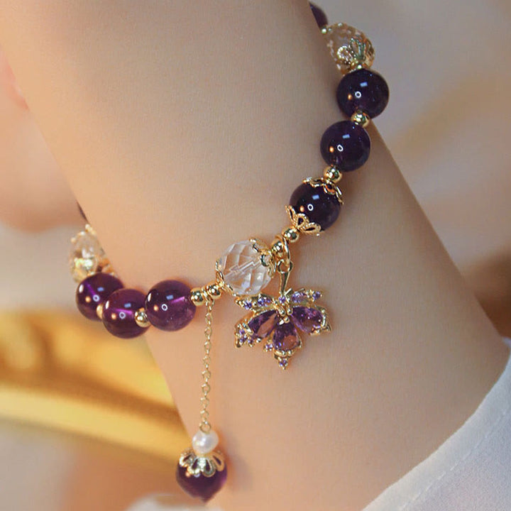 Bracciale con ciondolo a forma di foglia d'acero con ametista naturale placcato oro 14k Buddha Stones