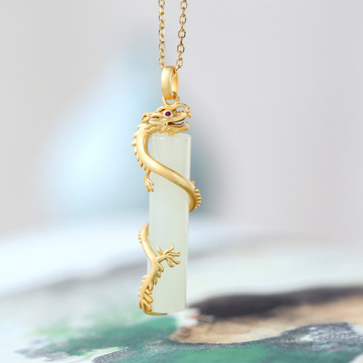 Collana con ciondolo di protezione in rame con drago e fenice in giada Buddha Stones - image 4