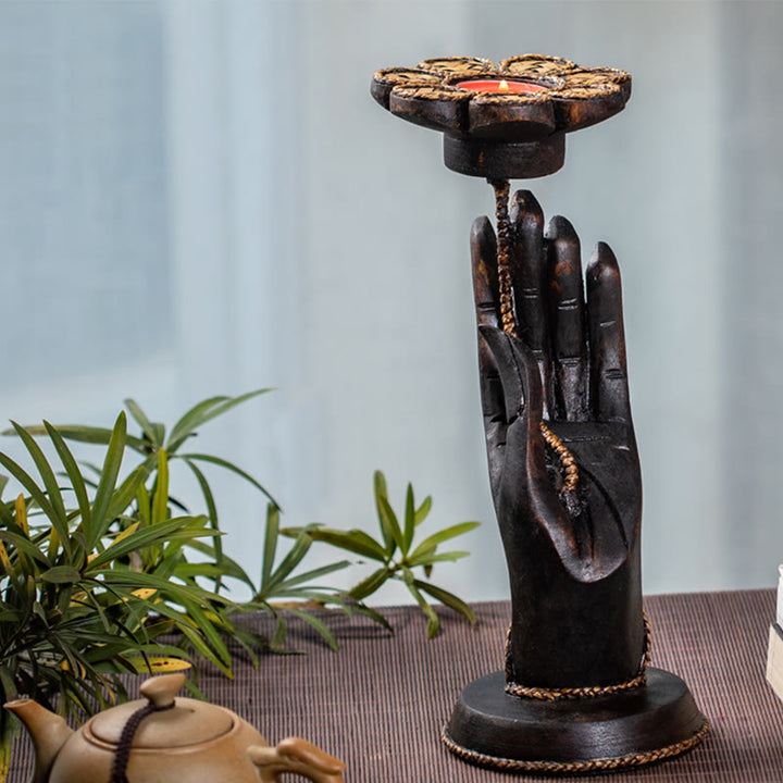 Portacandele in legno con motivo a mano, motivo a Buddha Stones , decorazione per la casa