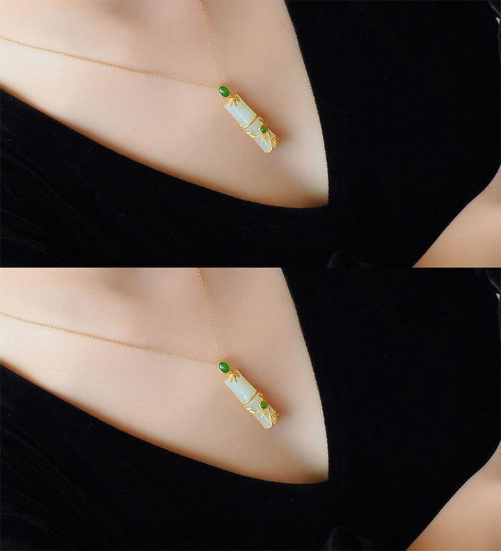 Collana con ciondolo di protezione in giada bianca e giada ciano con Buddha Stones e bambù
