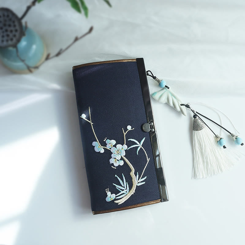 Portafoglio portasoldi grande capacità con ricamo a doppia faccia, Buddha Stones, fiori di prugna, fiori di pesco, bambù, borsa per la spesa - Blu navy prugna bambù - image 22