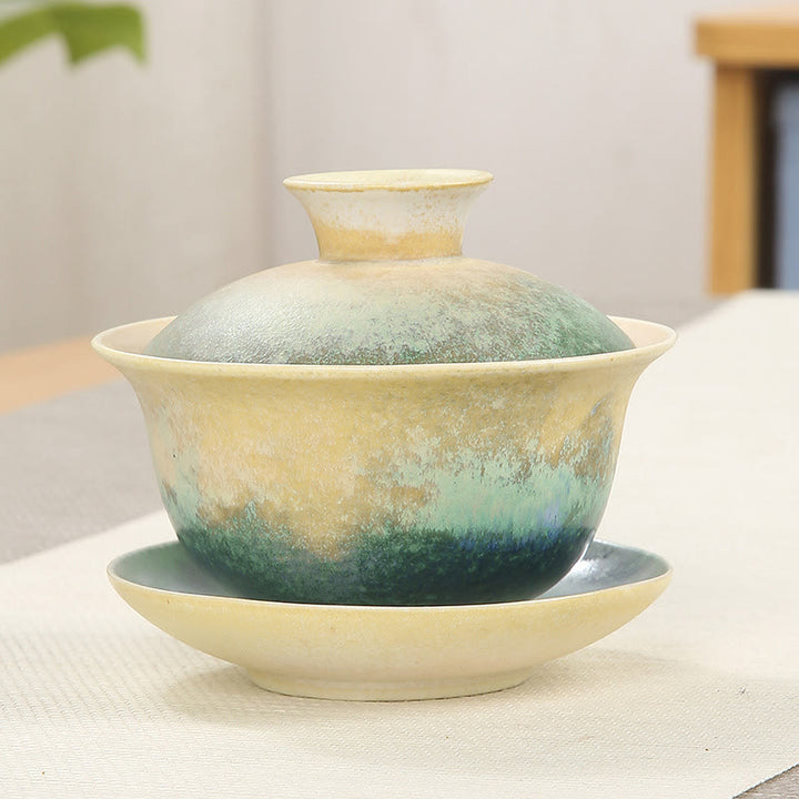 Buddha Stones Green Ocean Waves Design Porcellana Ceramica Gaiwan Sancai Tazza da tè Kung Fu Tazza da tè e piattino con coperchio