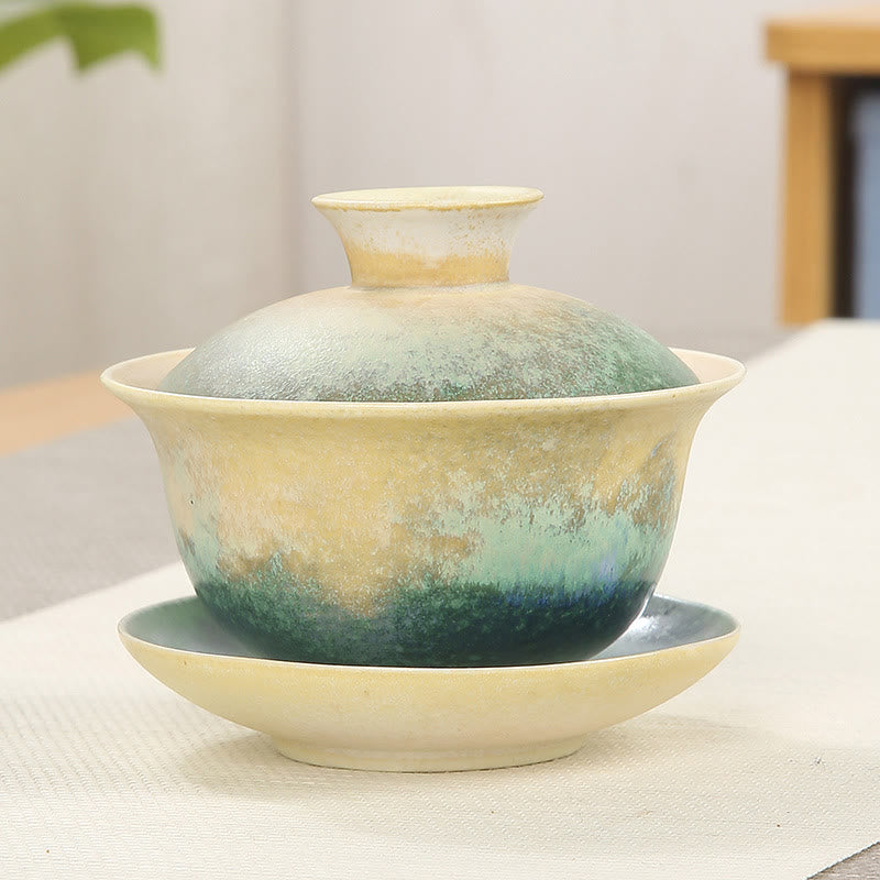 Buddha Stones Green Ocean Waves Design Porcellana Ceramica Gaiwan Sancai Tazza da tè Kung Fu Tazza da tè e piattino con coperchio - 9,5 cm * 8 cm * 150 ml - image 0